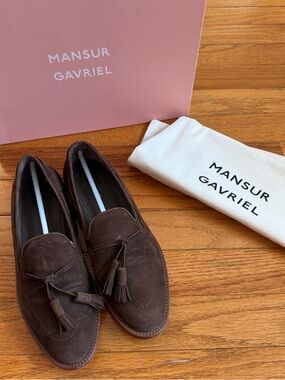Mansur Gavriel Woman's Chocolate Suede Tassel Loafers Size 5.5